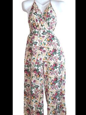 Floral Jumpsuit Women Size S/M Wide Leg Sleeveless Criss Cross Back Pockets